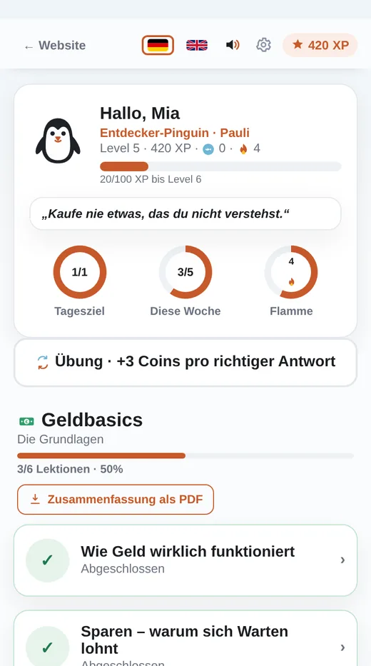 FinanzPinguin-App: Startseite mit Level, XP und Lernpfad Geldbasics